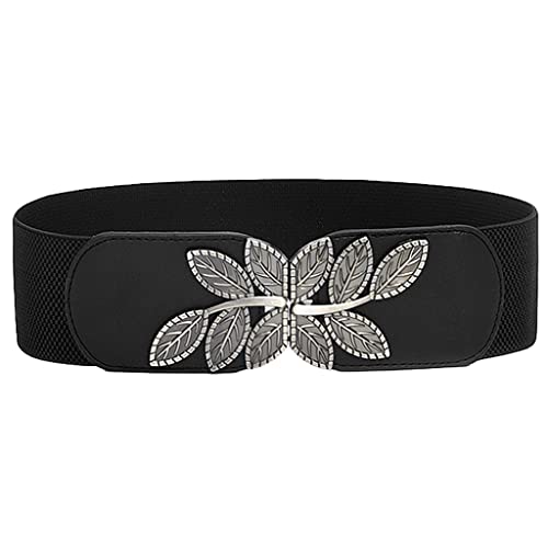 Weenkeey Ceinture élastique vintage large pour femme - Ceinture extensible rétro avec boucle en forme de feuille pour robes et manteaux - Noir, noir, taille...