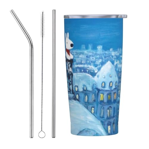 リサとガスパール アニメ ストロー&ストローブラシ付き マグカップ コーヒーカップ 600ml コンビニカップ タンブラー ステンレス製 保冷 保温 車用 蓋付き 持ち運び 水筒 大容量 直飲み キャラクター 人気 プレゼント