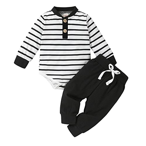 Image of SEVEN YOUNG Newborn Baby Boy Girl Clothes Long Sleeve Knitted Cotton Romper Drawstring Pants Unisex Baby Fall Winter Outfits