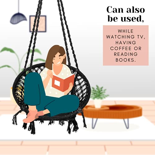 Swingzy-Cotton-Netted-Rope-Hanging-Swing-Chair-for-AdultsSwing-for-Balcony-Outdoor-Swing-ChairHammock-Swing-for-Home-Patio-Garden-IndoorBalcony-Hanging-Chair-120-Kg-Capacity-Black