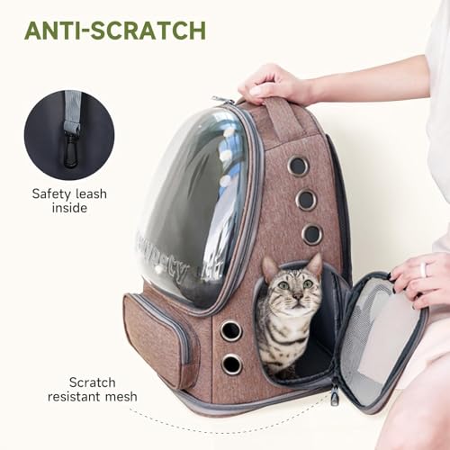 Image of Cat Backpack Carrier, Breathable Cat Carrier Pet Backpack for Kitty Small Dog Up to 15Lbs, Transparent & Foldable Pet Carrier for Travel Hiking (Khaki)