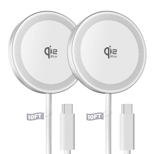2Pack Magnetic Wireless Charger 25W Fast Charger for iPhone 17/16/15/14/13/12 Series & AirPods, Portable Wireless Charging Pad for Travel Home Office Desk, 10FT-White