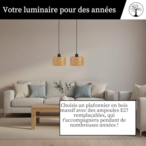 Suspension de table en bois - Ronde moderne bois 2xE27 - Abat-jour chêne - Lampe naturelle pour salle à manger, salon, cuisine, chambre, couloir - Design élégant en bois de chêne ANTILIA – vue 5