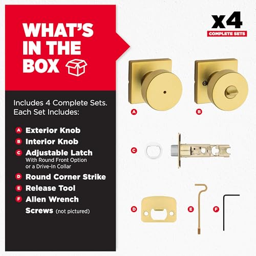 Image of Kwikset Pismo Interior Square Privacy Door Knob with Lock, Door Handle for Bathroom and Bedroom, Satin Brass Keyless Push Button Lock Doorknob 4 Pack