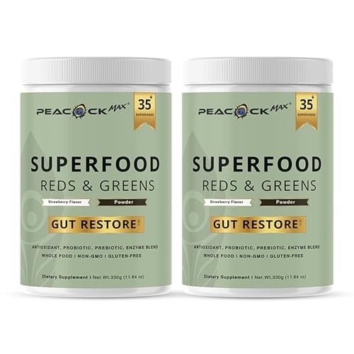 Superfood Reds & Greens Powder - 11.64 oz (Pack of 2), Prebiotics & Probiotics for Digestive Health, Super Greens Powder with Ashwagandha, Antioxidants, Vegan, Non-GMO