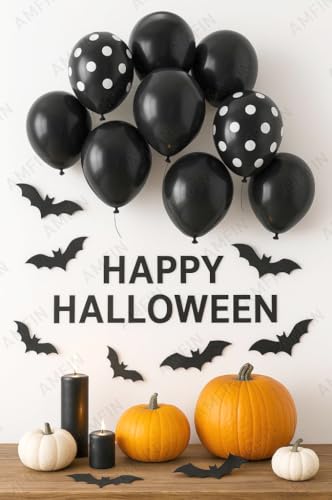 Image of AMFIN (Pack of 25) Polka Dot Black & Solid Latex Black Party Balloons - Birthday Wedding, Baby Shower, Anniversary, Graduation, Halloween, New Year Decorations
