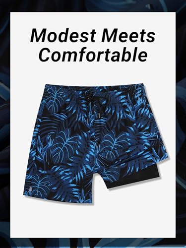 Arcweg Badehose Herren 2 in 1 Badeshorts Männer mit Kompressions Liner Schnelltrocknende Atmungsaktive mit Reißverschlusstaschen Schwimmhose für Strand, Sport & Freizeit Blaublättrig XL(EU)