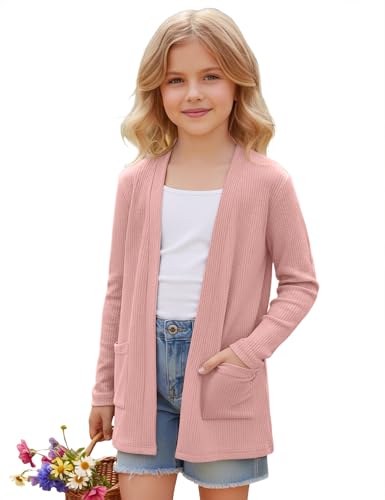 Image of Girls Open Front Cardigan Casual Lightweight Long Sleeve Ribbed Knit Sweater Soft Outerwear Coat with Pockets