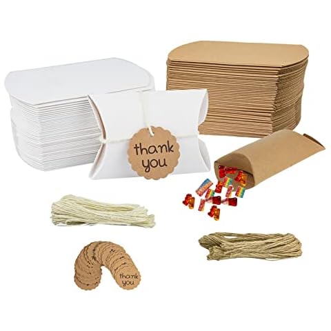 Kikuo 100pcs Pillow Gift Boxes White, Kraft Paper Candy Boxes for Gifts Jute Candy Box Party Wedding Favor Chocolate Boxes Sweet Bags - Easy Assemble Favour Present Box - Parties, Birthdays, Weddings Cover