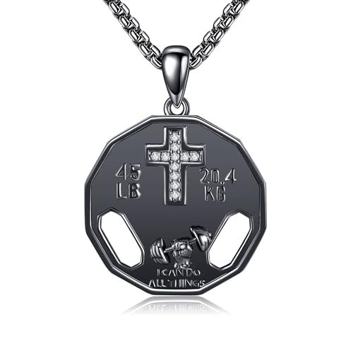 Chaîne chrétienne homme argent 925 pendentif haltère cadeau fête des pères gym