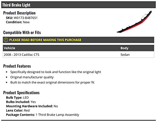 Marketplace Auto Parts 3rd Third Brake Light Lens - Compatible with 2008-2013 Cadillac CTS Sedan