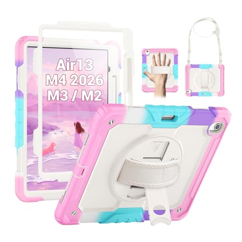 Image of SEYMAC for iPad Air 13 Inch Case M4 / M3 / M2 (2026 /2025 / 2024), Heavy Duty Shockproof Protective Case with Screen Protector, 360 Rotating Stand, Hand /Shoulder Strap and Pen Holder, Colorful Pink