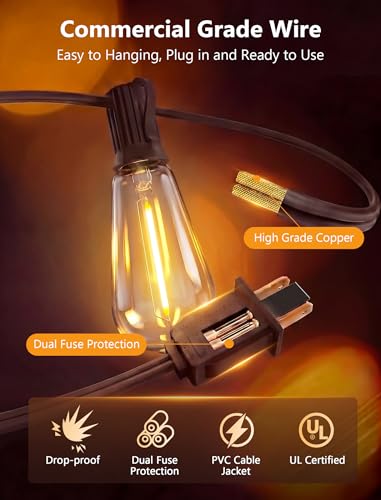 Image of 20FT ST40 LED Outdoor String Lights, Vintage Edison Patio Lights with 22 Shatterproof Bulbs, Waterproof Hanging Outdoor Lights for Backyard Porch Deck Bistro Garden, Warm White 2700K, Brown Wire