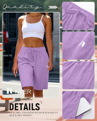 Neer 3 Pack Women's Quick Dry Shorts Women Drawstring High Waisted Bermuda Athletic Shorts with Pockets(Black,Dark Grey,Lavender,Small)