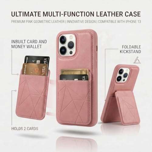Image of amazon basics Premium Vegan Leather Back Cover with Card Holder and Integrated Mobile Stand for iPhone 14 - Slim Shockproof Wallet Case with Geometric Stitching [Pink]