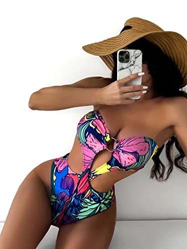 Wdirara Women's Strapless Cut Out One Piece Swimsuit Tropical Print High Cut Swimsuit Multicolor M #TOP2