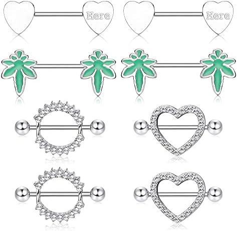 8PCS 14G Nipple Rings for Women Stainless Steel Barbell Heart CZ Nipple Ring Set Bars Nipple Piercing Jewelry