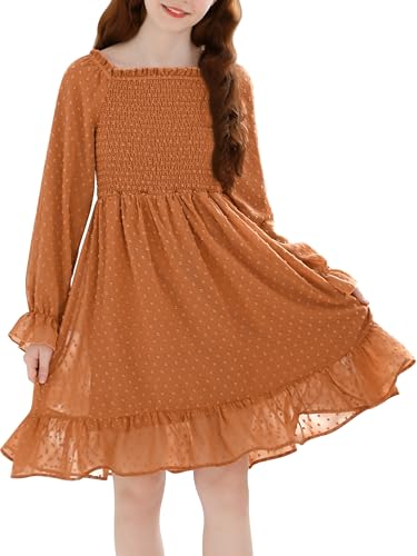 Girls Long Sleeve Dress with Puff Sleeves & Ruffle Hem, Christmas Holiday Party Dress for Fall Winter, Sizes 6-15