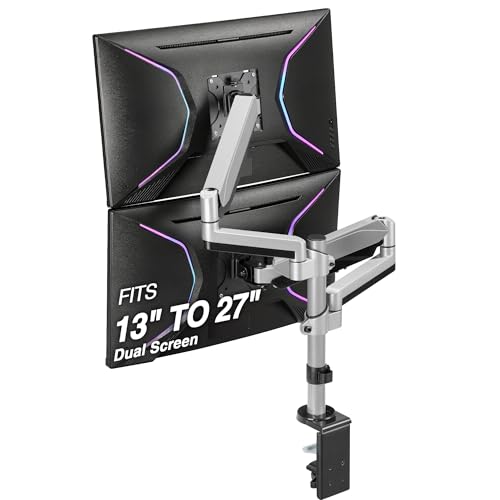 Image of AVLT-Power Dual Monitor Stacking Vertical Mount with Two Gas Spring Aluminum Arm Computer Stand Riser- Full Motion Adjustable, Heavy Duty Holds 17 to 32 Inch Screens, Up to 17.6 lbs Each, VESA 75 /100 | Supports flat /curved /ultrawide screens up to 19.8 lbs each. Smooth gas spring, VESA 75x75 /100x100 and cable management
