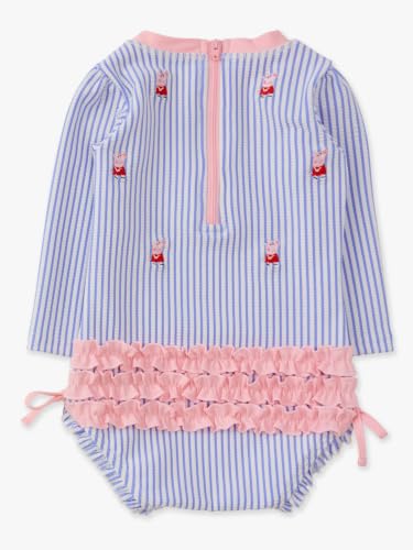 Image of RuffleButts Baby Girls Seersucker Rash Guard - One Piece Swimsuit UPF 50+ | Premium Quality, 4-way Stretch, Snap + Zipper Closure, Long Sleeves, Hand Wash, UPF 50+ Sun Protection