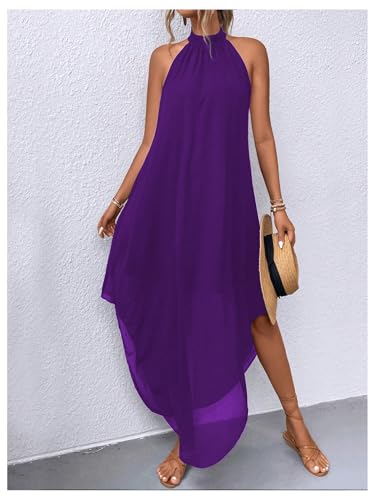 Image of Verdusa Women's Wedding Guest Dress Halter Flowy Chiffon Long Dresses | Cocktail Dress, Asymmetrical Dress for Women, Sleeveless, Prom Dress, Cruise Outfits, Boho