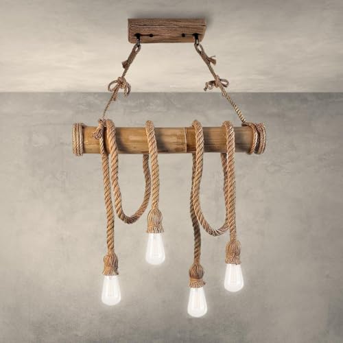 TEKHOME Lampadario Vintage Retro in Corda di Bambù con 4 Teste a Sospensione, Lampadario Corda Canapa Industriale 40W E27 per Cucina Soggiorno Sala da Pranzo Bar Caffè Ristorante Pizzeria Locale B23