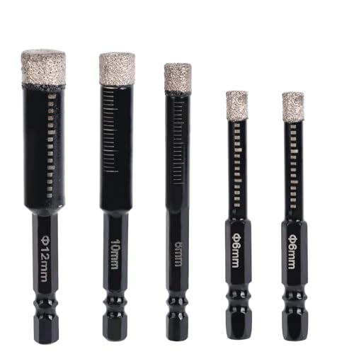 5pcs Diamond Drill Bits Set, 1/4 5/6 3/8 1/2 Inch Brazed Diamond Drill Bits 1/4 Inch Hex Shank Core Hole Saws for Precision Drilling in Tile Ceramic Glass Granite Marble Masonry 1 5pcs Diamond Drill Bits Set, 1/4 5/6 3/8 1/2 Inch Brazed Diamond Drill Bits 1/4 Inch Hex Shank Core Hole Saws for Precision Drilling in Tile Ceramic Glass Granite Marble Masonry