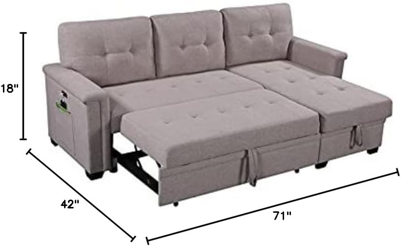 BOWERY HILL Reversible Sectional Sleeper Sofa, Light Gray Linen Upholstery, Solid Wood Frame, Storage Chaise with USB Ports, Tufted Cushions, L-Shape Couch for Living Room, Compact Design
