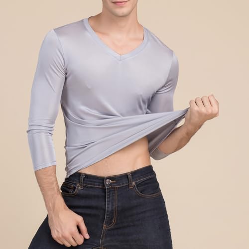 Mens Silk Thermal Underwear Shirts Long Johns Top Long Sleeves V Neck Base Layer Tee Shirts Lightweight Blouse Undershirt2