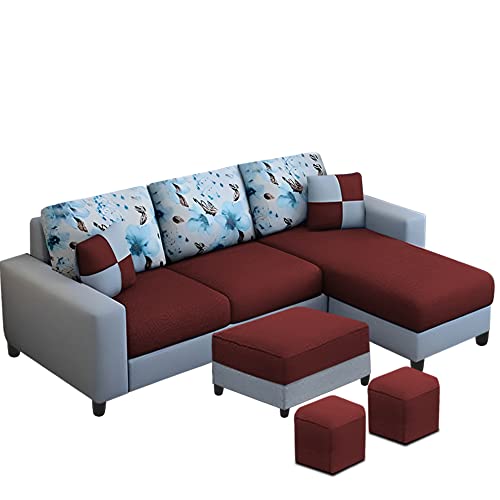 Image of Orland 4 Seater RHS L Shape Sofa with Center Table & 2 Puffy | Color - Maroon Grey