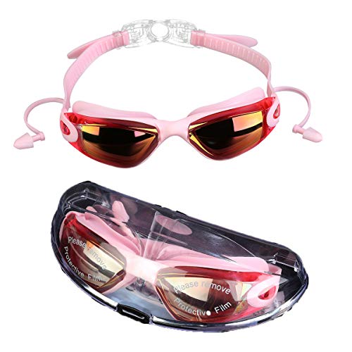 Jingsha Swim Goggles Silicone Button Lock Strap Goggles No Leaking Anti Fog UV Protection Swimming Goggles with Ear Plug for Adults Men Women Waterproof Protection Clear Lenses (Pink)