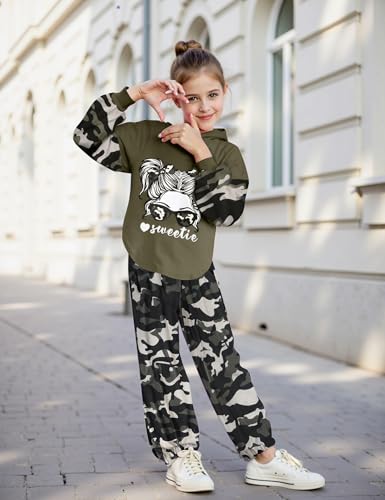 Image of Girls Fall Outfits Sweetie-girl Hoodie and Camo Pants Size 6-16 | Curved Hem Design,Skin-friendly Cotton Blend,for Daily School Playdates,Fall&Winter,Easy On & Off Pullover