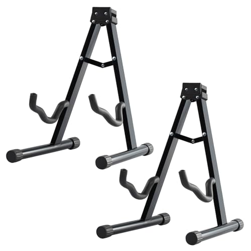 MOSEN Guitar Stand, 2 Pack Foldable A-Frame Guitar Stand with Non-Slip Rubber and Foam Arms for Acoustic Classical and Electric Guitars Bass Ukulele Holder. (Assembly type)