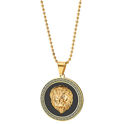 Men Steel Lion Head Circle Medal Pendant Necklace with CZ, Black Onyx, Gold Black2