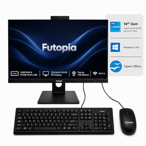 Image of Futopia 23.8 inch Full HD IPS All-in-One Desktop | Intel Core i5-14400 (Up to 4.70GHz) | 16GB RAM | 512GB NVMe SSD | Pop-up FHD Webcam | Wi-Fi 6 | Windows 11 Pro | Keyboard & Mouse Included