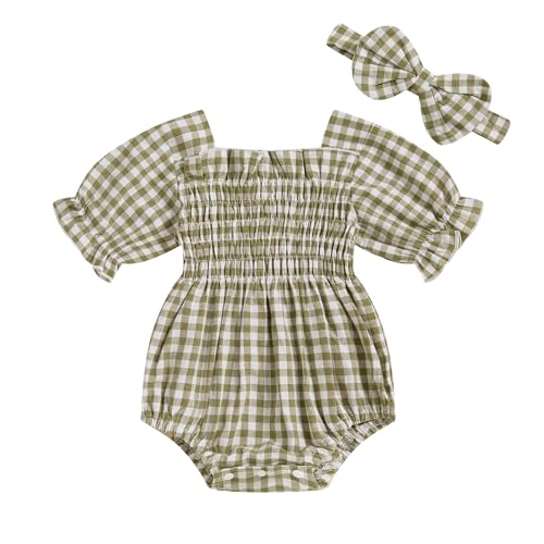 Infant Baby Girls Romper Ruffle Sleeve Pleated Smocked Bubble Plaid One Piece Ruched Jumpsuit Summer Bodysuit