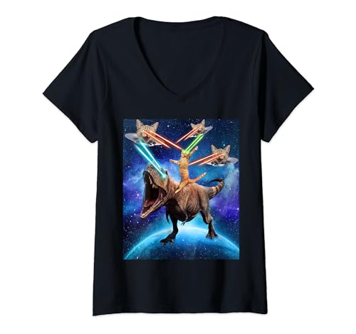 Donna Space Cat Riding Dinosaur T rex Laser Eyes UFO Funny Cats Maglietta con Collo a V