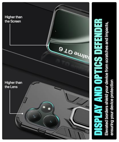 Image of WOW IMAGINE Shock Proof Back Case Mobile Cover for Realme GT 6T 5G | Realme GT 6 | Back Cover Case (Tough Armor | Hybrid PC + TPU | Ring Holder & in-Built Kickstand | Black)