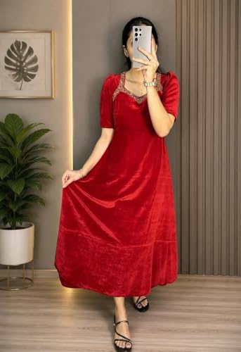 Image of Women Velvet Gown, Full Length, Puff Sleeves, Embellished Neckline, Wedding & Festive Occasion