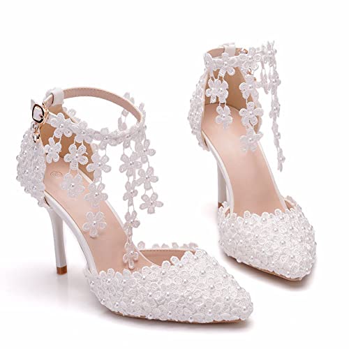 Women's White Lace Floral Stiletto High Heel Wedding Shoes, Sexy Pointed Closed Toe Bridal Heels Sandals, Ankle Strap Party Dress Bride D'Orsay Pumps3