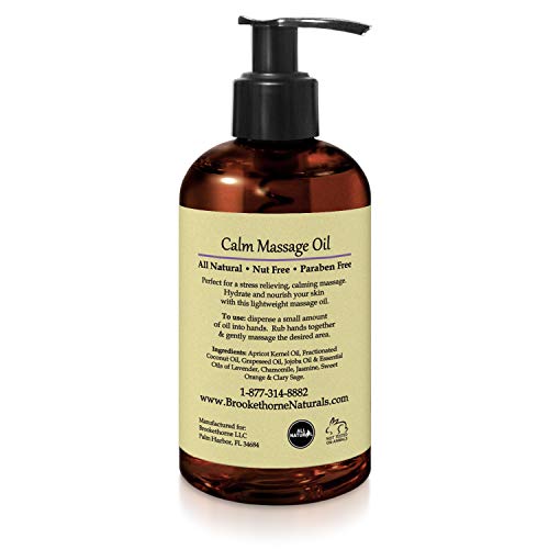 Calm Massage Oil With Lavender & Chamomile Essential Oils To Relax Sore Muscles - For Massage Therapy & Home Use – With Coconut, Grapeseed & Jojoba Oils For Smooth Skin– Brookethorne Naturals - 8Oz #TOP7