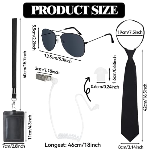 4PCS Secret Agent Accessories, Secret Service Costume Set with Adjustable Zipper Ties Sunglasses Fake Earpiece ID Card for Adult Kids Halloween Cosplay