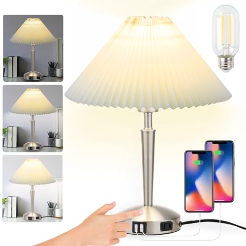 Touch Bedside Table Lamp - Modern Small Lamp for Bedroom Living Room Nightstand, Desk lamp with Fabric Lamp Shade, Warm LED Bulb, 3 Way Dimmable, Simple Design Mother's Day Gifts (Silver) by LALISU - Used condition - US$19.37