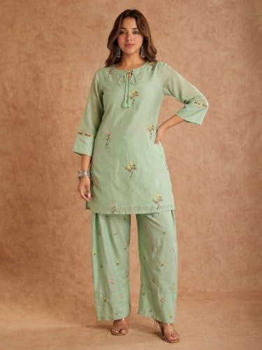 Image of ANNI Designer Farshi Salwar Suit for Women Viscose Embroidered | Co Ord Set for Woman | Straight Kurta Palazzo Outfit Round Neck V Slit 3 /4 Sleeve Ethnic Dress Womens Clothing