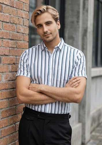 Image of Afflatus Men's Striped Half Sleeve Cotton Shirt | Slim Fit Casual Summer Shirt for Men | Lightweight Breathable Button-Down Shirt for Office and Travel