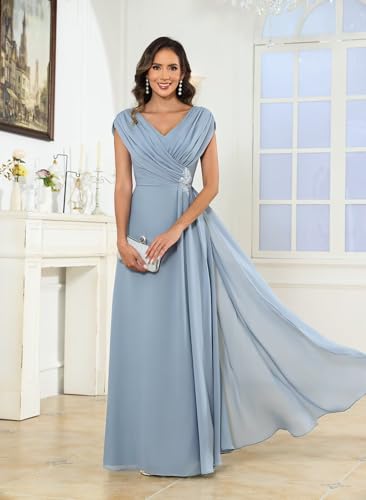 Modest Mother of The Bride Dresses for Women V Neck Cap Sleeve A Line Corset Back Appliqued Long Formal Gown4
