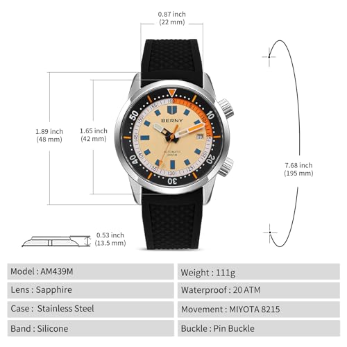 Image of BERNY Diver Watch, Watch, Men's, Automatic Watch, Men's Diving Watch, Automatic Mechanical Watch, 20ATM Water Resistant, Sapphire Glass, Ultra Luminous Divers Watch