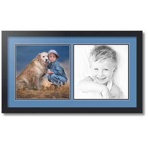 ArtToFrames Collage Photo Frame Double Mat with 2-11x11 Openings with Satin Black Frame and Liberty Blue mat.