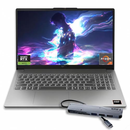 Image of Lenovo LOQ Gaming Laptop, 15.6 inch FHD 144Hz Display, Ryzen 7 7735HS, GeForce RTX 4050, 16GB DDR5 RAM, 512GB SSD, Wi-Fi 6, Bundle with Thunderobot 7 in-1 USB-C Hub, Win11 Home, Grey