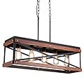 Rustic Farmhouse Kitchen Island Lighting, Wood and Metal Linear Chandelier, 5 Lights Industrial Pendant Light Fixture for Kitchen Island Dining Room Living Room Table, Black